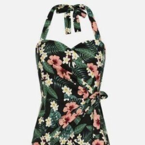 Tropical black floral halter cocktail pin up style pencil dress